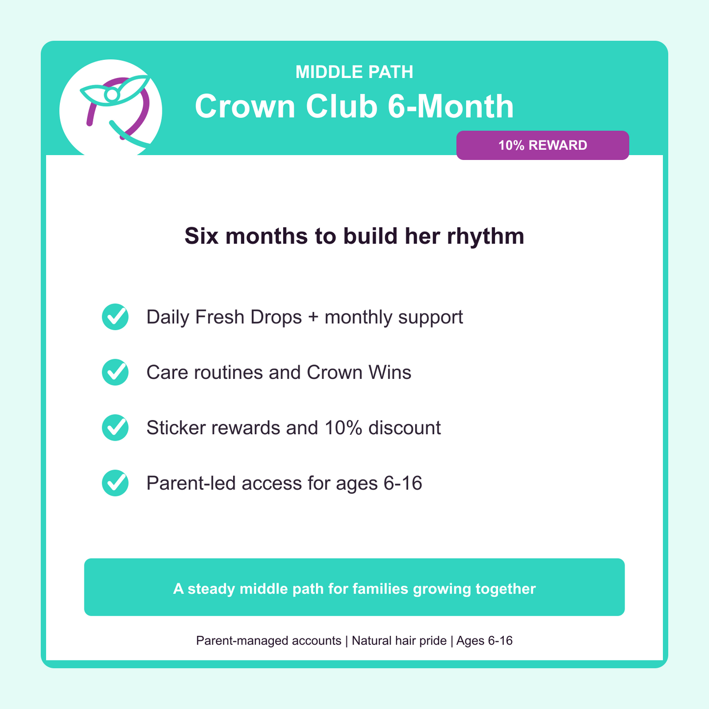 Crown Club 6-Month membership with six months of daily confidence prompts, Fresh Drops, rewards, and parent-led safety