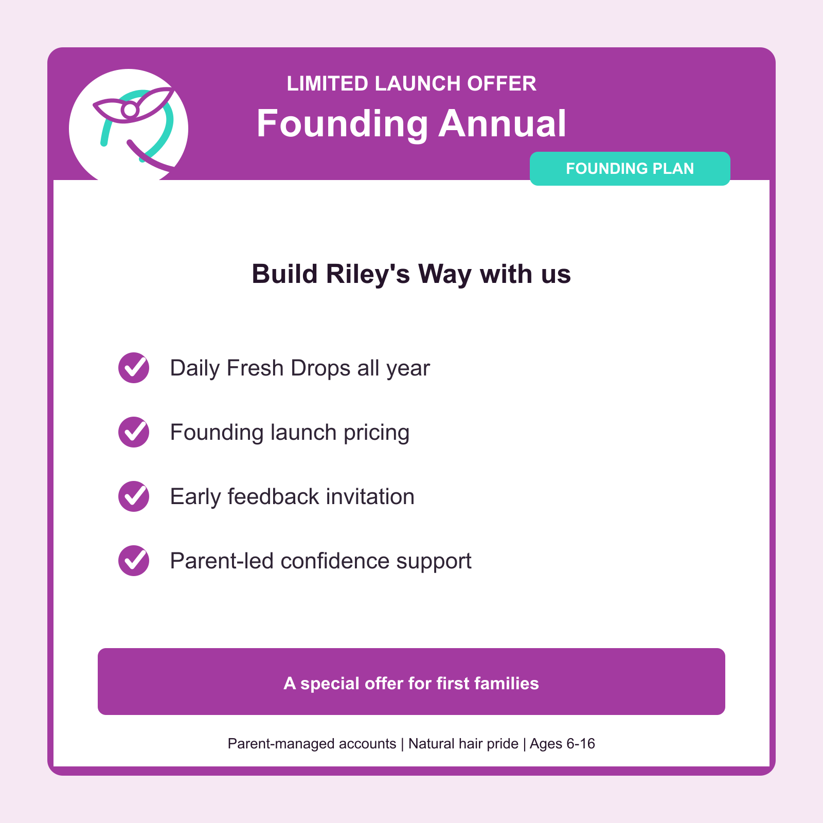 Crown Club Founding Individual Annual launch offer with daily Fresh Drops, annual access for one child, and early family feedback