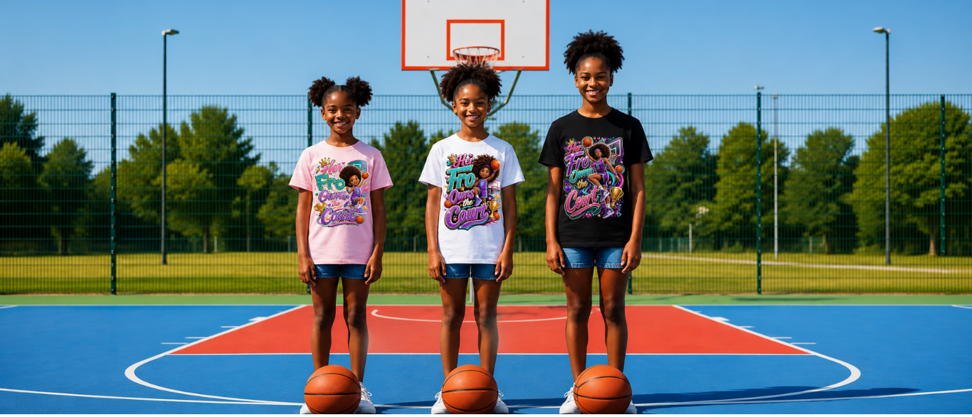 Three girls wearing Riley's Way career tees on a basketball court