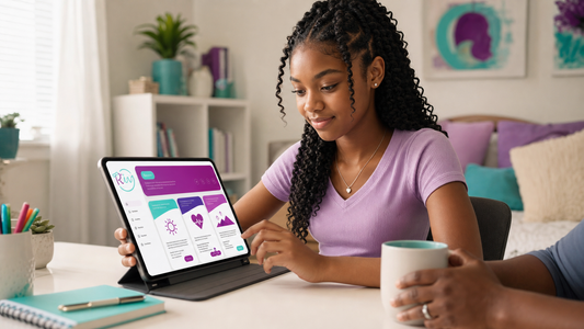 Riley's Way Founding Individual Annual app moment with a Black teen girl using a tablet in a parent-supported home setting