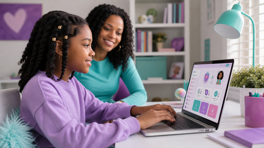 Riley's Way Crown Club Annual web app moment with a Black tween girl using a laptop with parent support