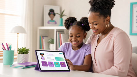 Riley's Way Crown Club Monthly app moment with a young Black girl and parent using a tablet together